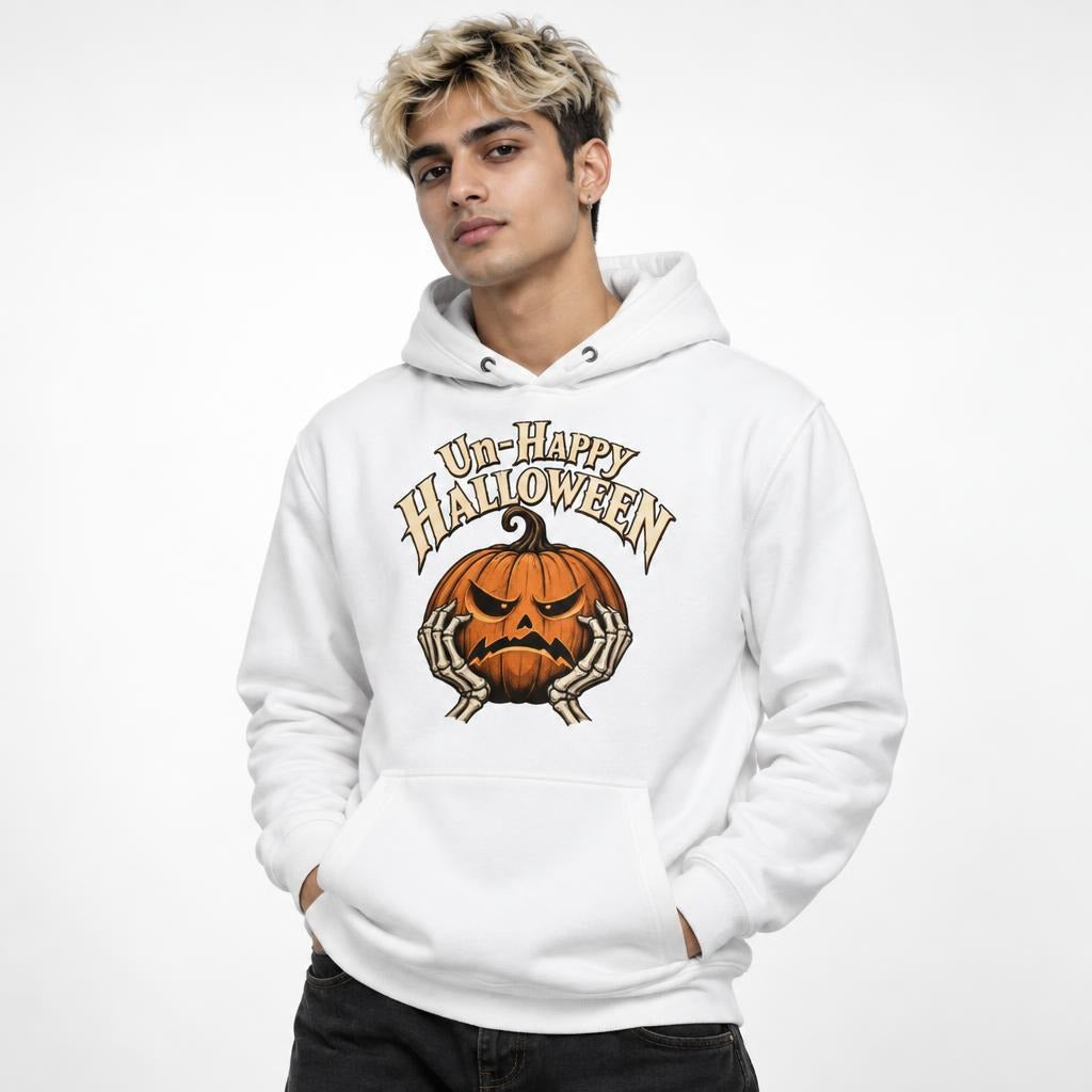 Front view of a white hoodie with “Un-Happy Halloween” lettering, an angry orange pumpkin, and skeleton hands gripping it.