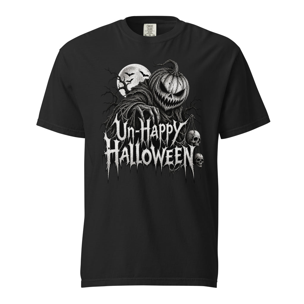Front view of a black T-shirt with Un-Happy Halloween lettering, a grinning pumpkin, skulls, and a full moon graphic.