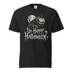 Front view of a black T-shirt with Un-Happy Halloween lettering, a grinning pumpkin, skulls, and a full moon graphic.
