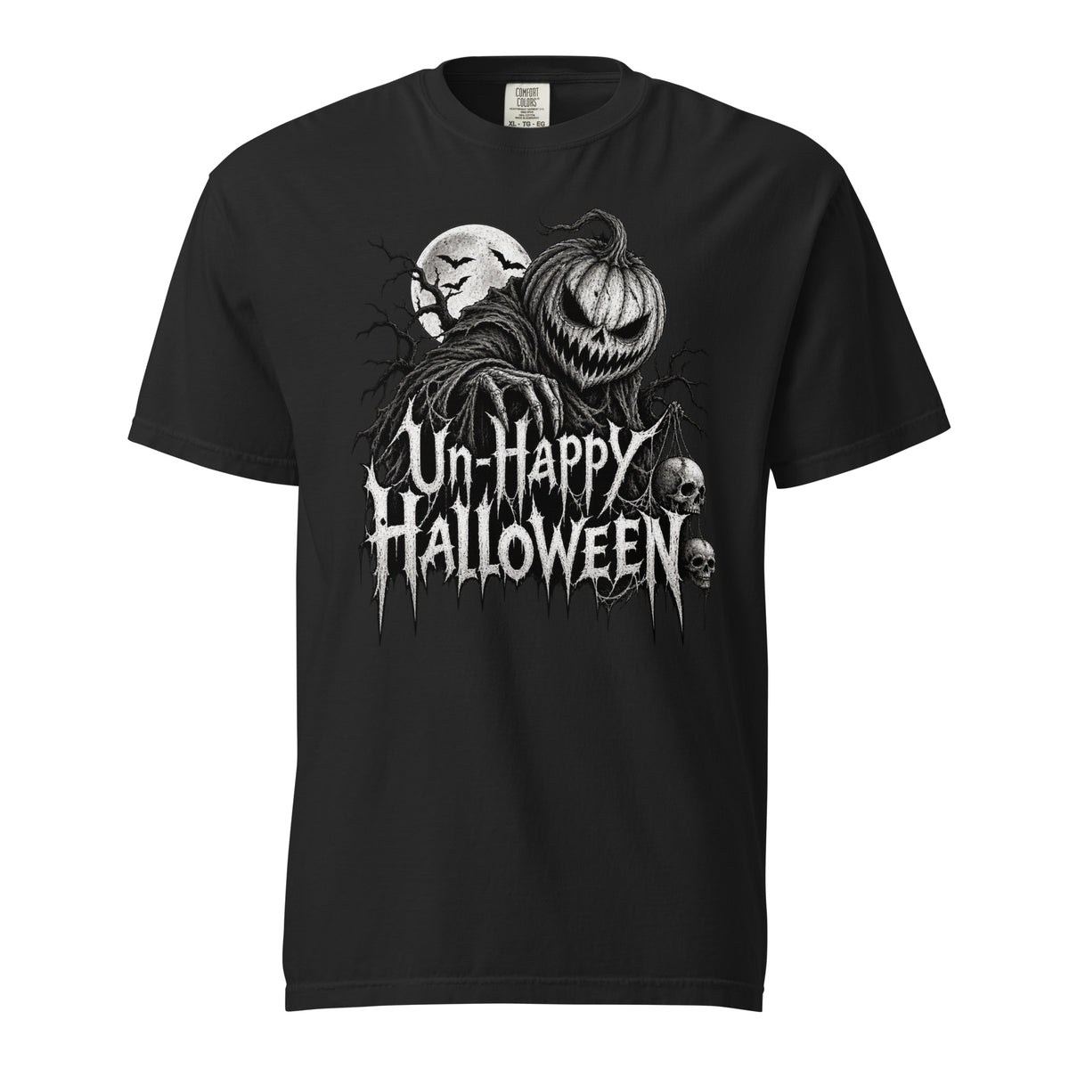 Front view of a black T-shirt with Un-Happy Halloween lettering, a grinning pumpkin, skulls, and a full moon graphic.