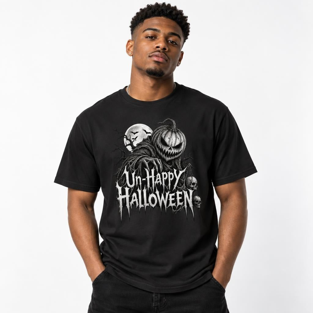 Model wearing a black T-shirt with Un-Happy Halloween lettering, a grinning pumpkin, skulls, and a moon graphic.