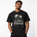Model wearing a black T-shirt with Un-Happy Halloween lettering, a grinning pumpkin, skulls, and a moon graphic.