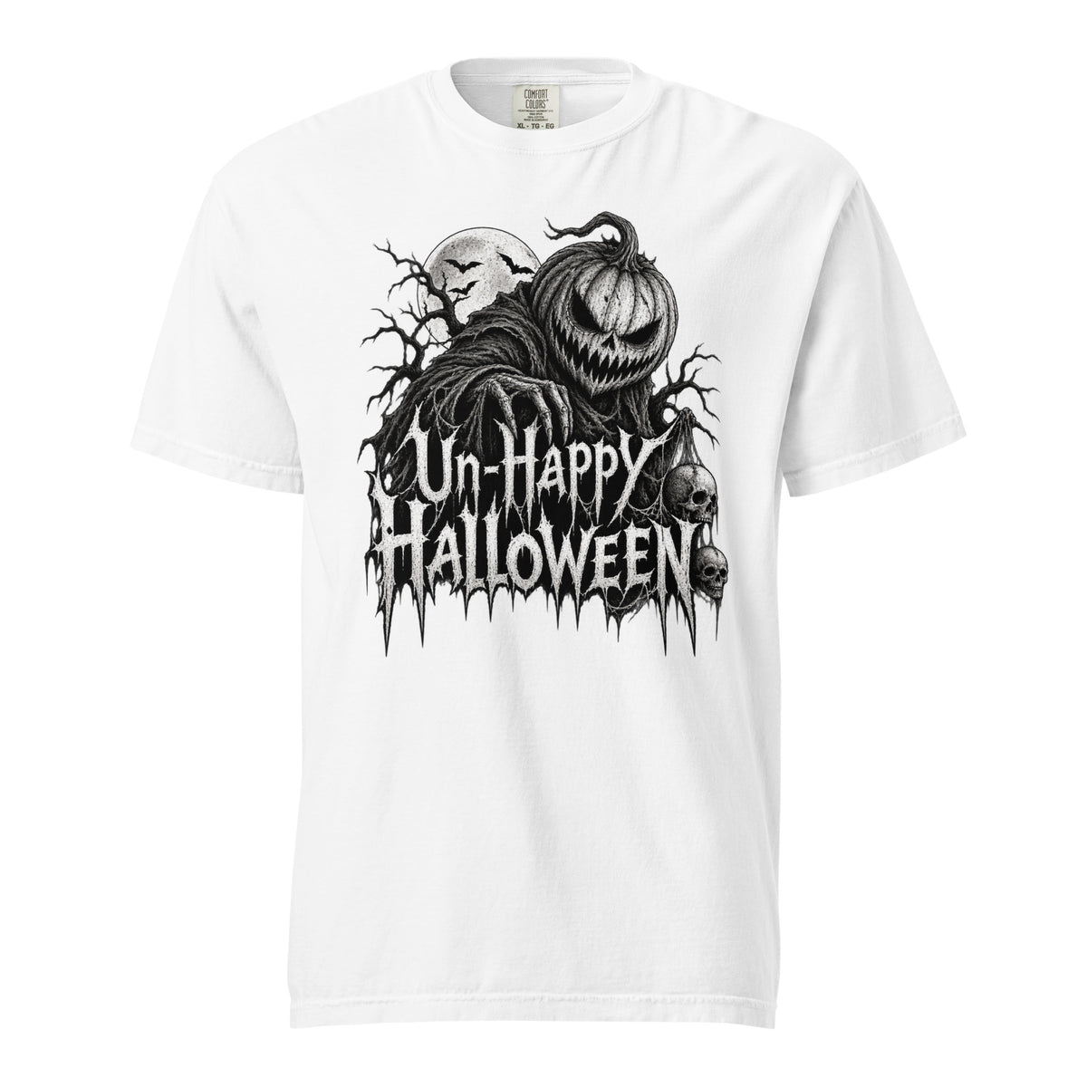 Front view of a white T-shirt with a sinister grinning pumpkin, moon, hanging skulls, bats, and “Un-Happy Halloween” gothic lettering.