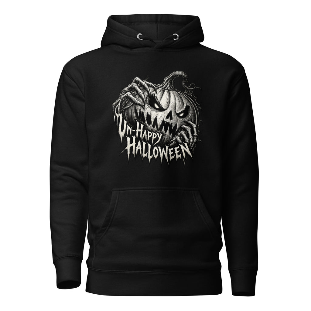 Front view of a black hoodie featuring a sinister carved pumpkin, skeletal hands, and distressed “UN-HAPPY HALLOWEEN” lettering.