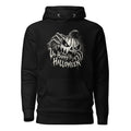 Front view of a black hoodie featuring a sinister carved pumpkin, skeletal hands, and distressed “UN-HAPPY HALLOWEEN” lettering.