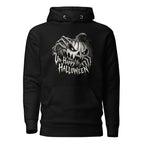 Front view of a black hoodie featuring a sinister carved pumpkin, skeletal hands, and distressed “UN-HAPPY HALLOWEEN” lettering.