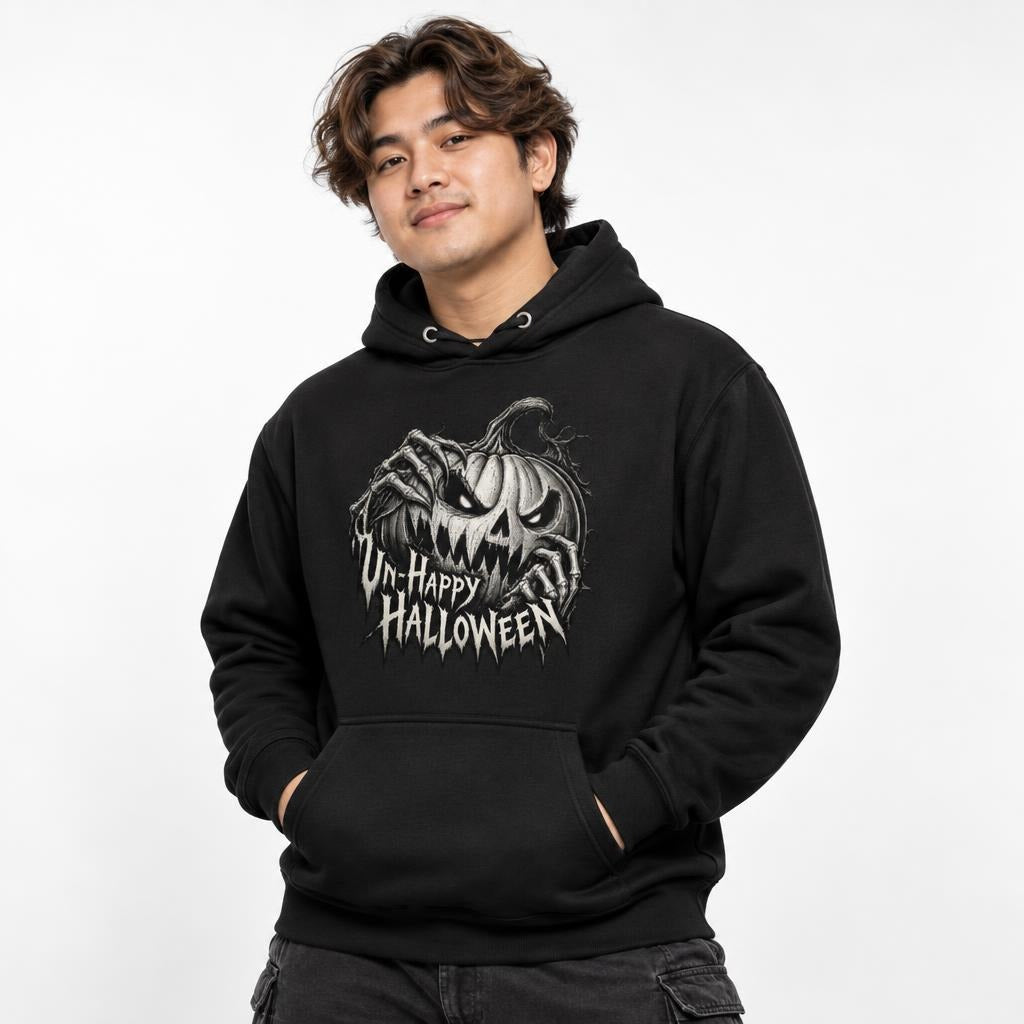 Front view of a person wearing a black hoodie with a sinister carved pumpkin, skeletal hands, and “UN-HAPPY HALLOWEEN” text.