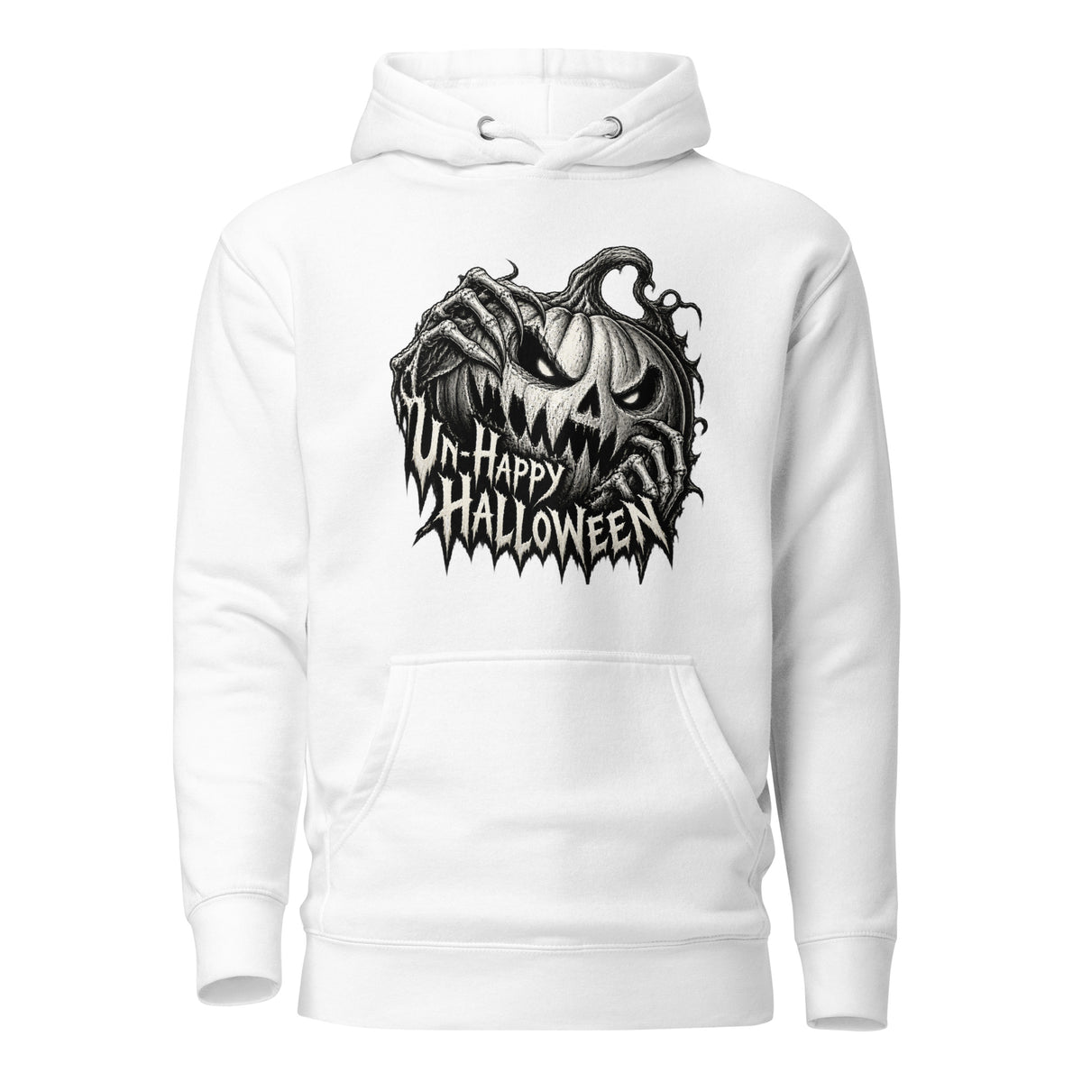 Front view of a white hoodie featuring a sinister carved pumpkin, skeletal hands, and “UN-HAPPY HALLOWEEN” gothic lettering.
