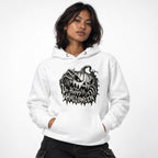 Front view of a model wearing a White hoodie with a sinister carved pumpkin, skeletal hands, and “UN-HAPPY HALLOWEEN” text.