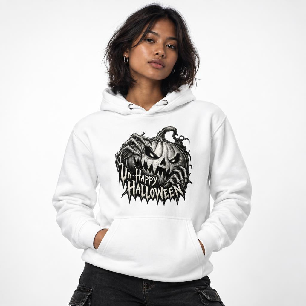 Front view of a model wearing a White hoodie with a sinister carved pumpkin, skeletal hands, and “UN-HAPPY HALLOWEEN” text.