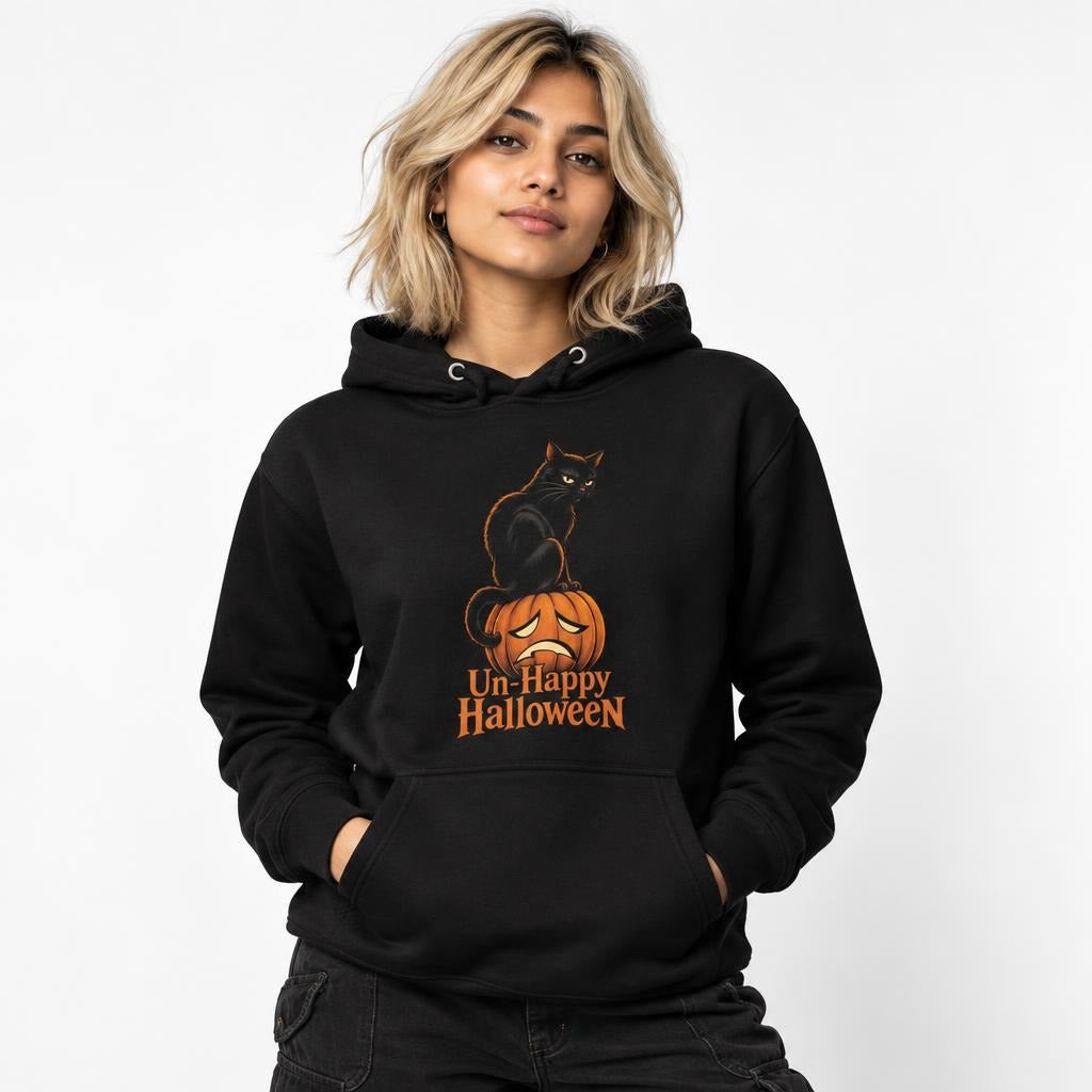 Front view of a Black hoodie featuring a seated black cat on an orange sad-faced pumpkin with “Un-Happy Halloween” text.