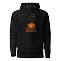 Black hoodie with a seated black cat on an orange sad-faced pumpkin and the text “Un-Happy Halloween” on the front.