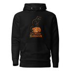 Black hoodie with a seated black cat on an orange sad-faced pumpkin and the text “Un-Happy Halloween” on the front.