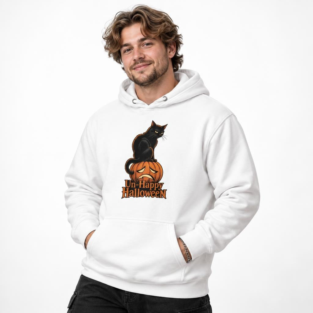 Front view of a person wearing a white hoodie with a black cat seated on a sad orange pumpkin and “Un-Happy Halloween” text.