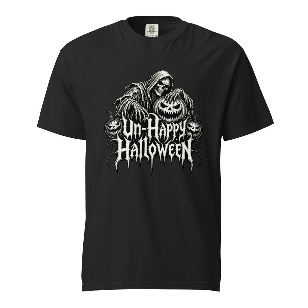 Black T-shirt with a hooded skeleton above a grinning jack-o'-lantern and two smaller pumpkins, with Gothic “Un-Happy Halloween” text.