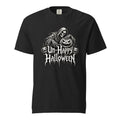 Black T-shirt with a hooded skeleton above a grinning jack-o'-lantern and two smaller pumpkins, with Gothic “Un-Happy Halloween” text.