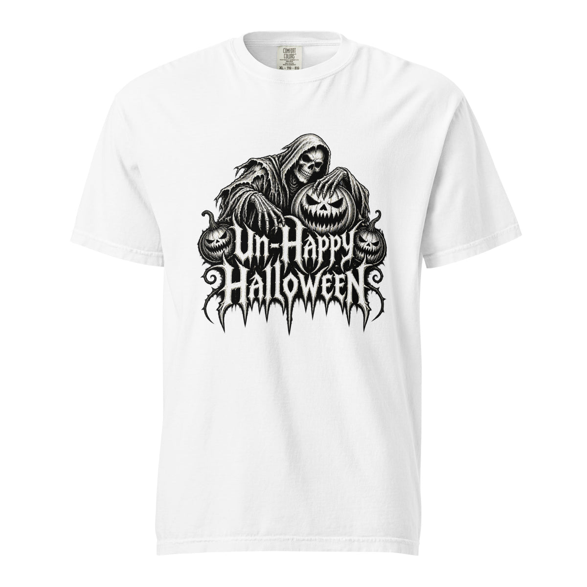 Front view of a white T-shirt with a hooded skeleton, grinning jack-o'-lantern, smaller pumpkins, and “Un-Happy Halloween” Gothic lettering.