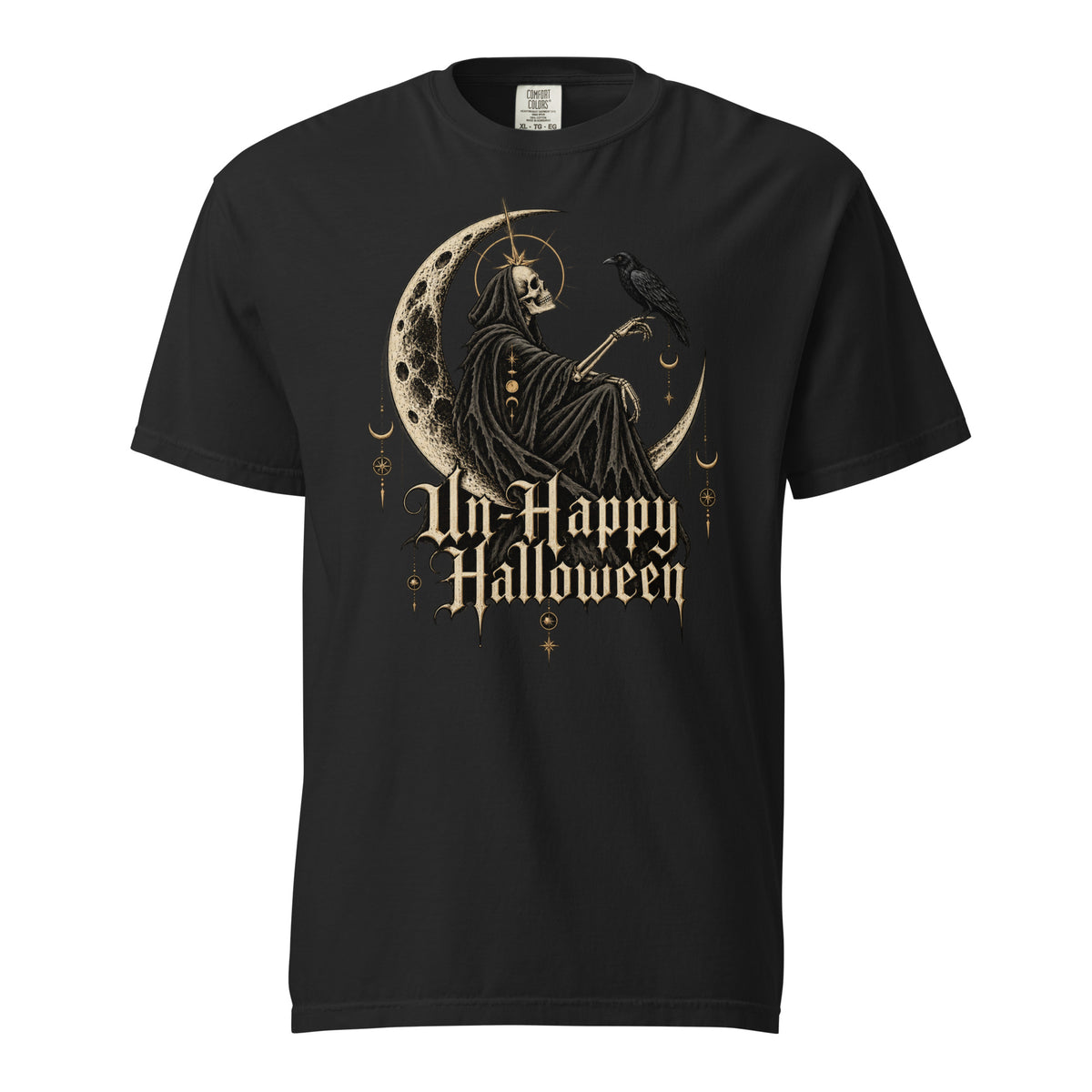Black T-shirt with a hooded skeleton seated on a crescent moon, a raven on its arm, and “Un-Happy Halloween” lettering.