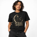 Front view of a black T-shirt featuring a hooded skeleton seated on a crescent moon with a raven and Un-Happy Halloween lettering.