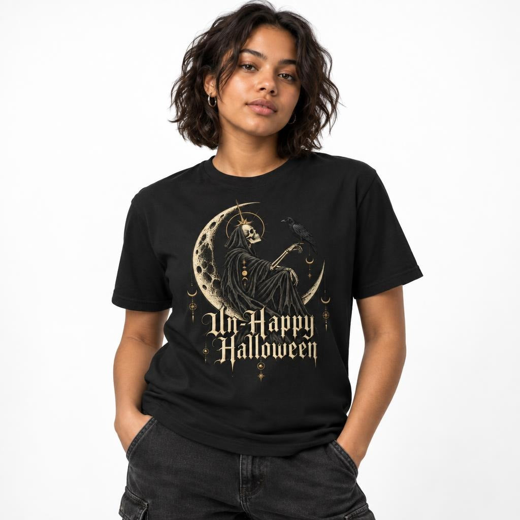 Front view of a black T-shirt featuring a hooded skeleton seated on a crescent moon with a raven and Un-Happy Halloween lettering.