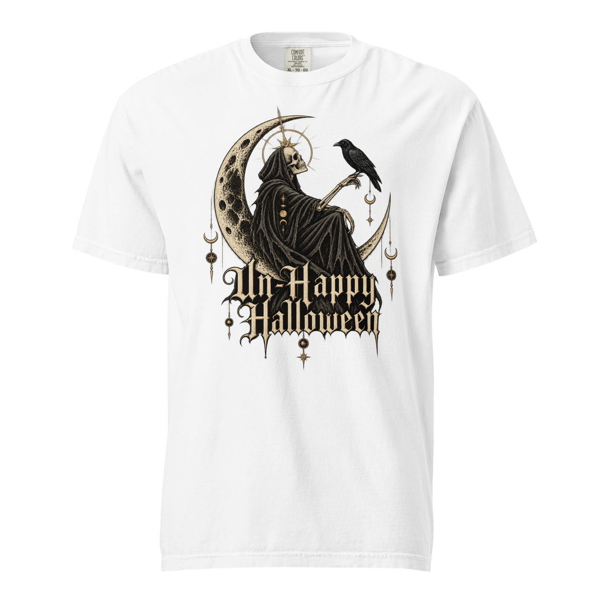 Front view of a white T-shirt featuring a hooded skeleton seated on a crescent moon with a raven and “Un-Happy Halloween” lettering.