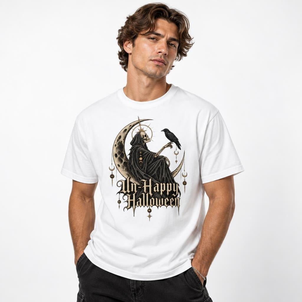 Model wearing a white T-shirt with a hooded skeleton seated on a crescent moon and a raven perched on its arm.