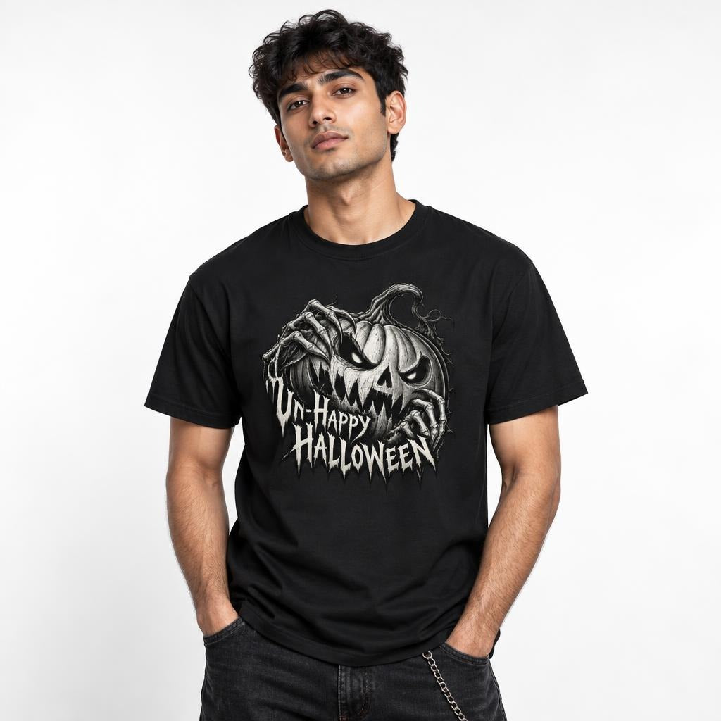 Front view of a black T-shirt featuring a menacing carved pumpkin with glowing eyes, sharp teeth, skeletal hands, and “UN-HAPPY HALLOWEEN” text.
