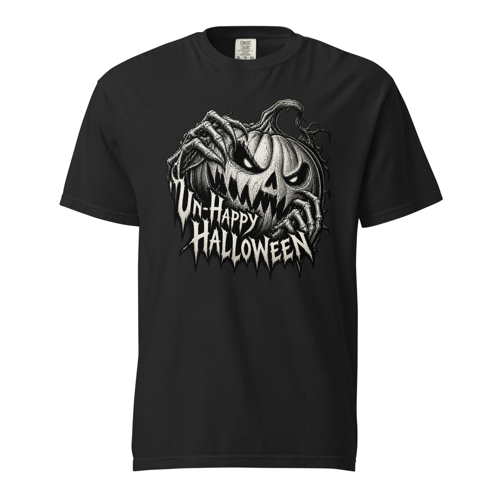 Front view of a black T-shirt with a menacing carved pumpkin, skeletal hands, and distressed “UN-HAPPY HALLOWEEN” text.