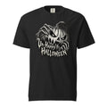 Front view of a black T-shirt with a menacing carved pumpkin, skeletal hands, and distressed “UN-HAPPY HALLOWEEN” text.