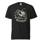 Front view of a black T-shirt with a menacing carved pumpkin, skeletal hands, and distressed “UN-HAPPY HALLOWEEN” text.