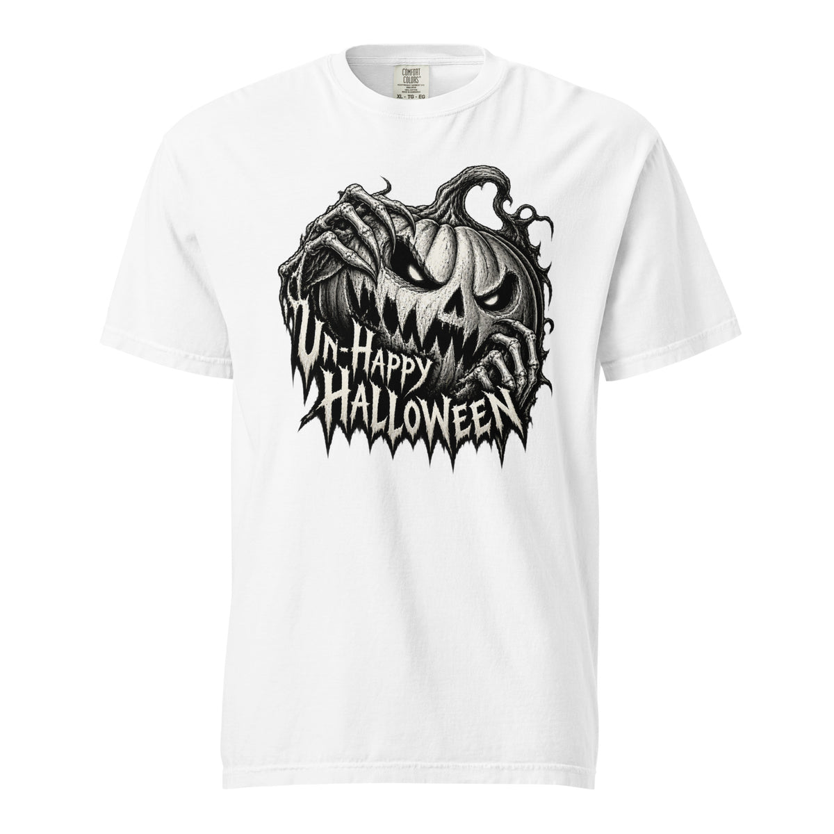 Front view of a White T-shirt featuring a menacing carved pumpkin with skeletal hands and distressed “UN-HAPPY HALLOWEEN” text.