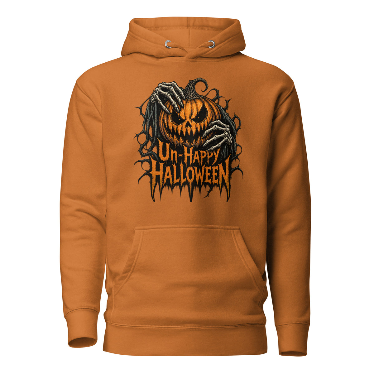 Front view of an Adobe hoodie with a snarling orange pumpkin gripped by skeletal hands and “Un-Happy Halloween” text.