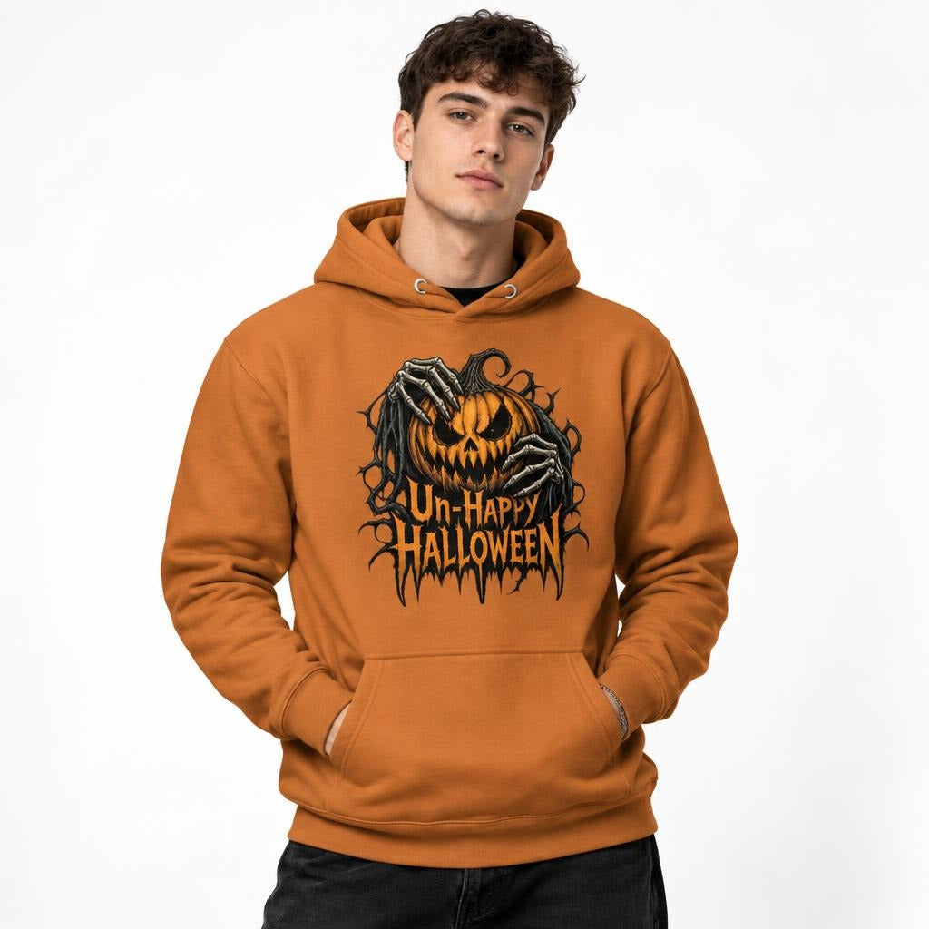 Front model view of an Adobe hoodie with a snarling orange pumpkin gripped by skeletal hands and “Un-Happy Halloween” text.