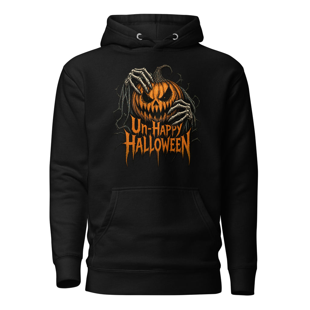 Front view of a black hoodie with a snarling orange pumpkin gripped by skeletal hands and Un-Happy Halloween lettering.