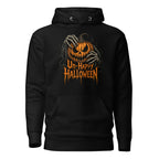 Front view of a black hoodie with a snarling orange pumpkin gripped by skeletal hands and Un-Happy Halloween lettering.