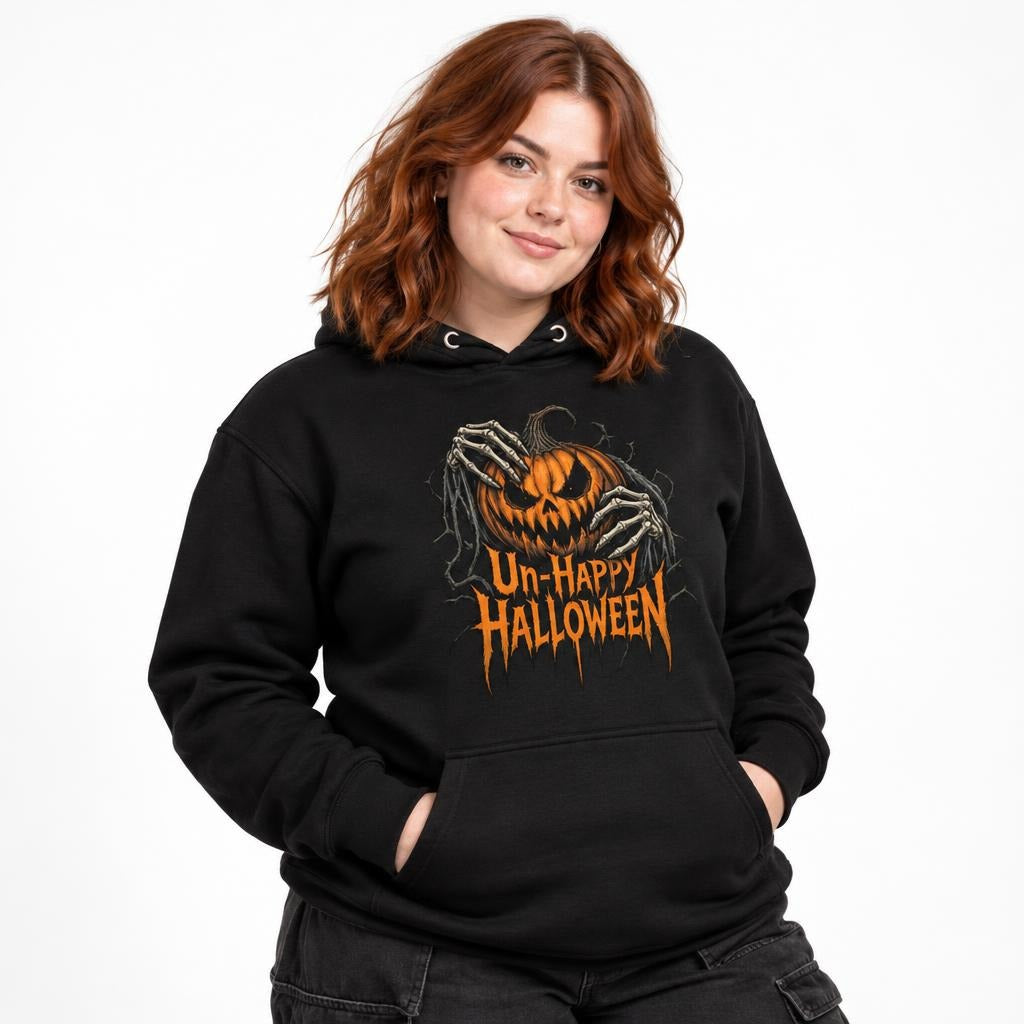 Model wearing a black hoodie with a snarling orange pumpkin gripped by skeletal hands and Un-Happy Halloween lettering.
