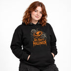 Model wearing a black hoodie with a snarling orange pumpkin gripped by skeletal hands and Un-Happy Halloween lettering.