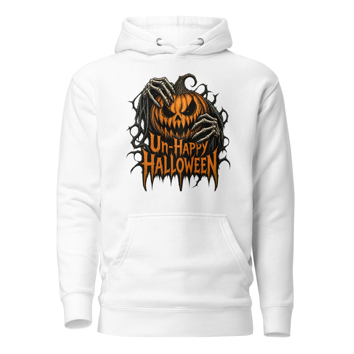 White hoodie featuring Adult unisex pullover hoodies in Black, Adobe and White show a central snarling orange jack-o'-lantern gripped by skeletal hands. Distressed black artwork surrounds the pumpkin, with large orange l