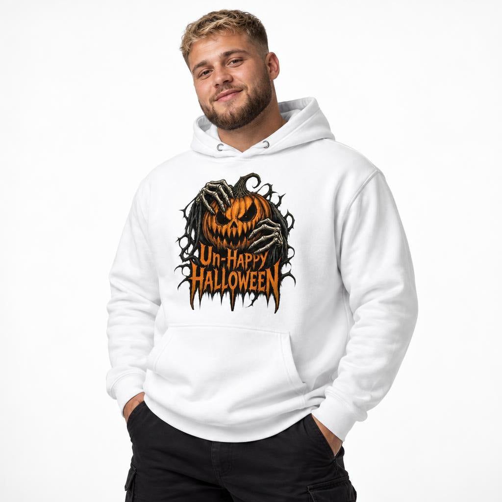 Adult model wearing a white hoodie with a snarling orange pumpkin gripped by skeletal hands and “Un-Happy Halloween” lettering.