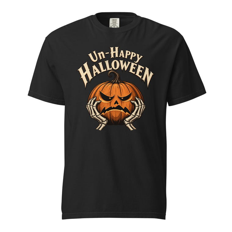 Black T-shirt with “Un-Happy Halloween” lettering above an angry orange pumpkin framed by two skeletal hands.