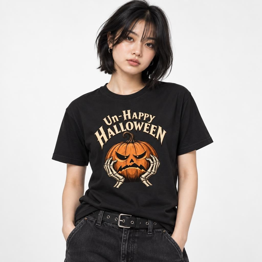 Front view of a black T-shirt with “Un-Happy Halloween” lettering, an angry orange pumpkin, and skeleton hands.