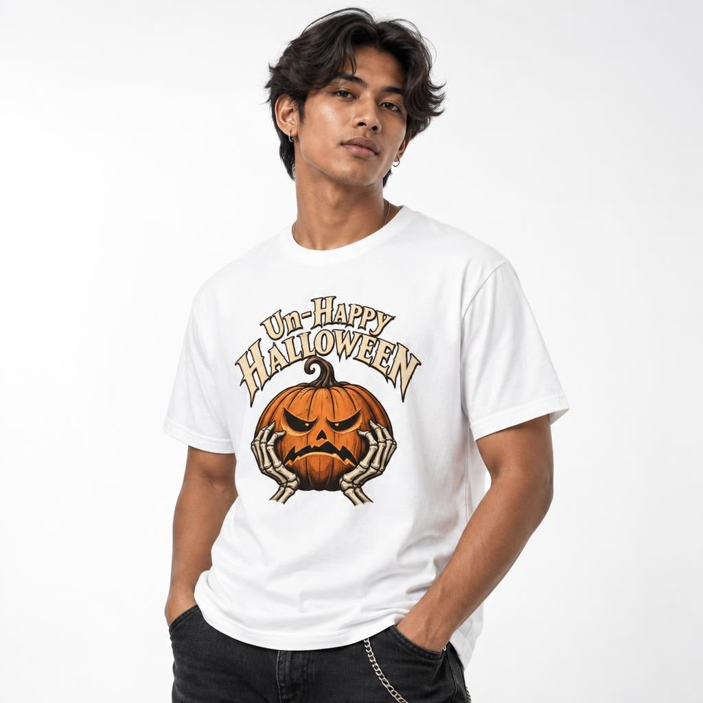 Front view of a model wearing a white T-shirt with “Un-Happy Halloween” above an angry carved pumpkin framed by two skeletal hands.