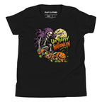 Front view of a black kids' T-shirt with a hooded skeleton riding a skateboard beside a jack-o'-lantern and Halloween lettering.