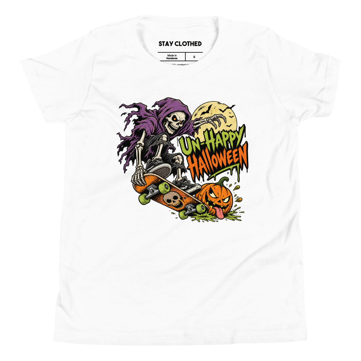 Front view of a white kids' T-shirt featuring a hooded skeleton riding a skateboard beside a jack-o'-lantern under Halloween lettering.