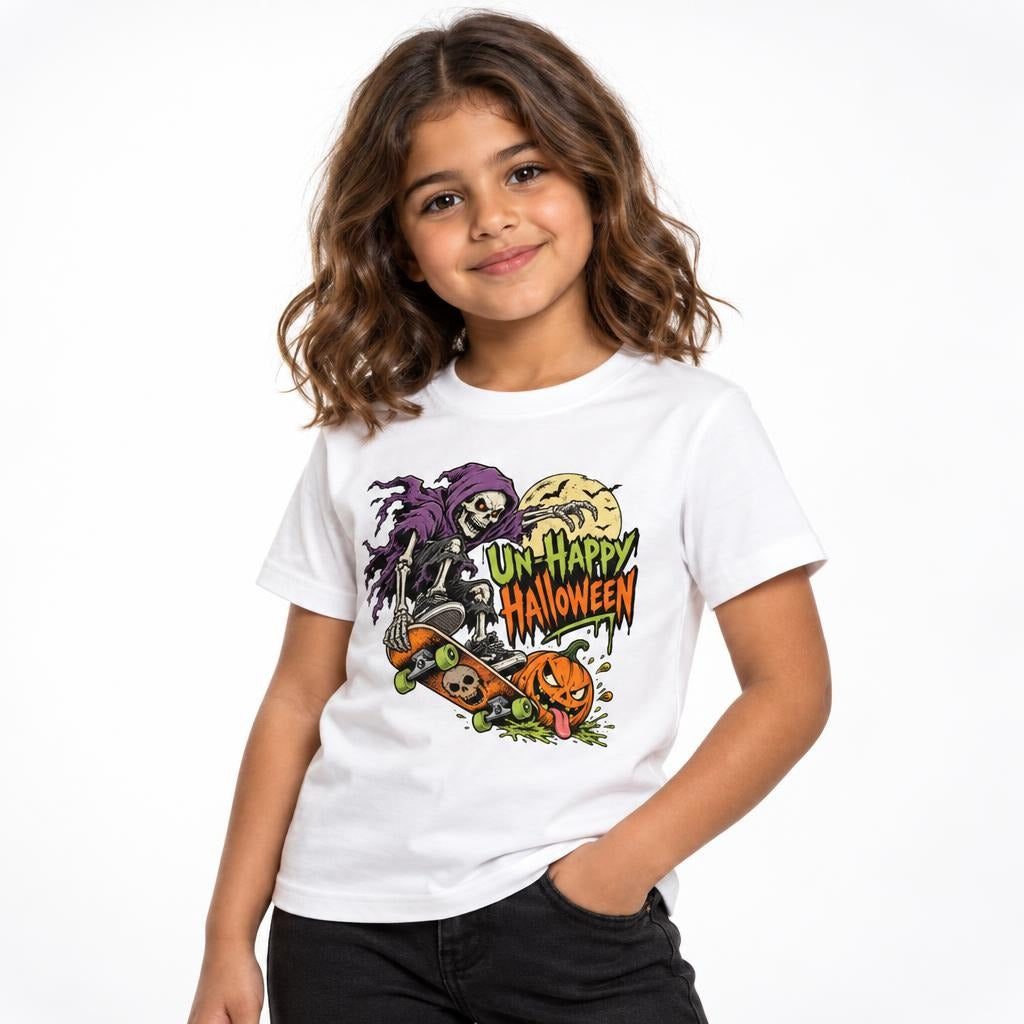 Child wearing a white T-shirt with a grinning skeleton riding a skateboard beside a jack-o'-lantern and Un-Happy Halloween text
