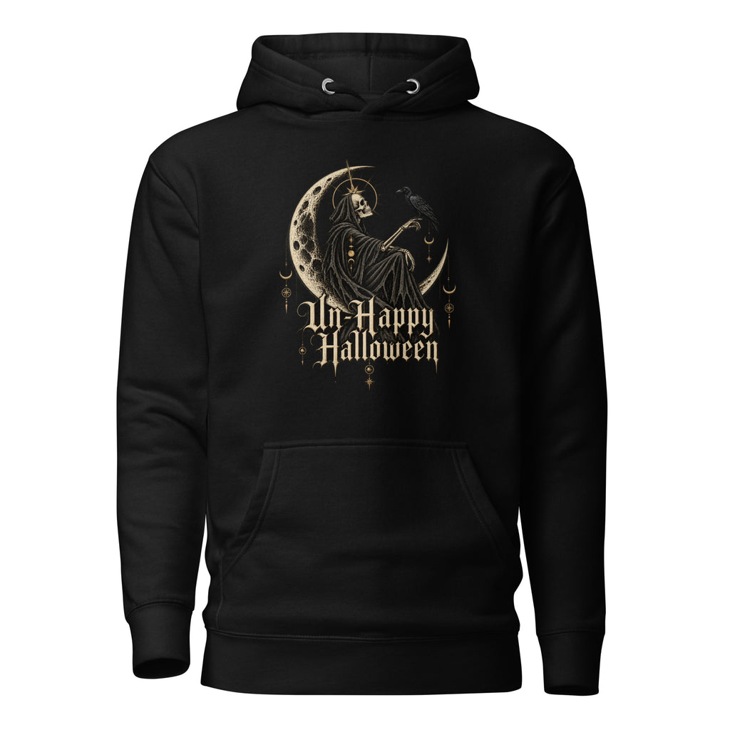 Black hoodie featuring a seated hooded skeleton on a crescent moon, a raven, celestial details, and “UnHappy Halloween” lettering.