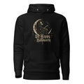 Black hoodie featuring a seated hooded skeleton on a crescent moon, a raven, celestial details, and “UnHappy Halloween” lettering.