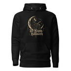 Black hoodie featuring a seated hooded skeleton on a crescent moon, a raven, celestial details, and “UnHappy Halloween” lettering.
