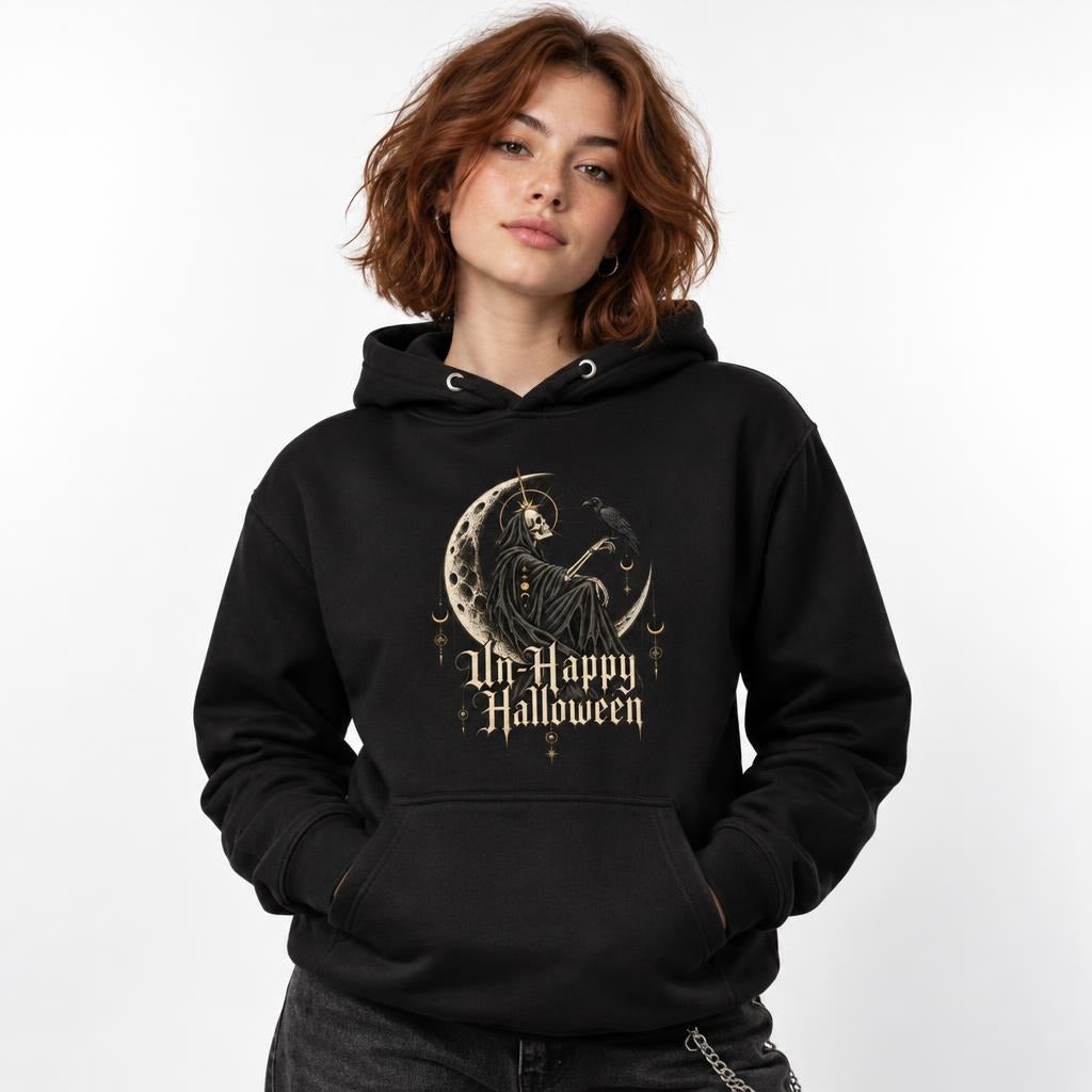 Front view of a black hoodie featuring a hooded skeleton seated on a crescent moon with a raven and gothic “UnHappy Halloween” lettering.