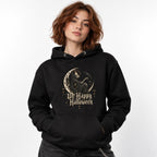 Front view of a black hoodie featuring a hooded skeleton seated on a crescent moon with a raven and gothic “UnHappy Halloween” lettering.